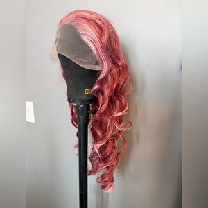Brand new 13x3 pinkish red synthetic wig with frosted pale pink accents. 26 in